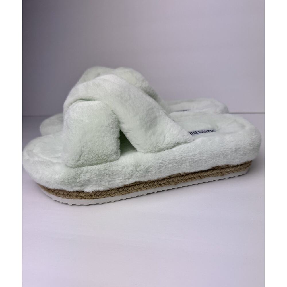 Olivia Miller Faux Fur Crossband Slippers Mint Green Open Toe Slide Size 10 - Picture 2 of 7